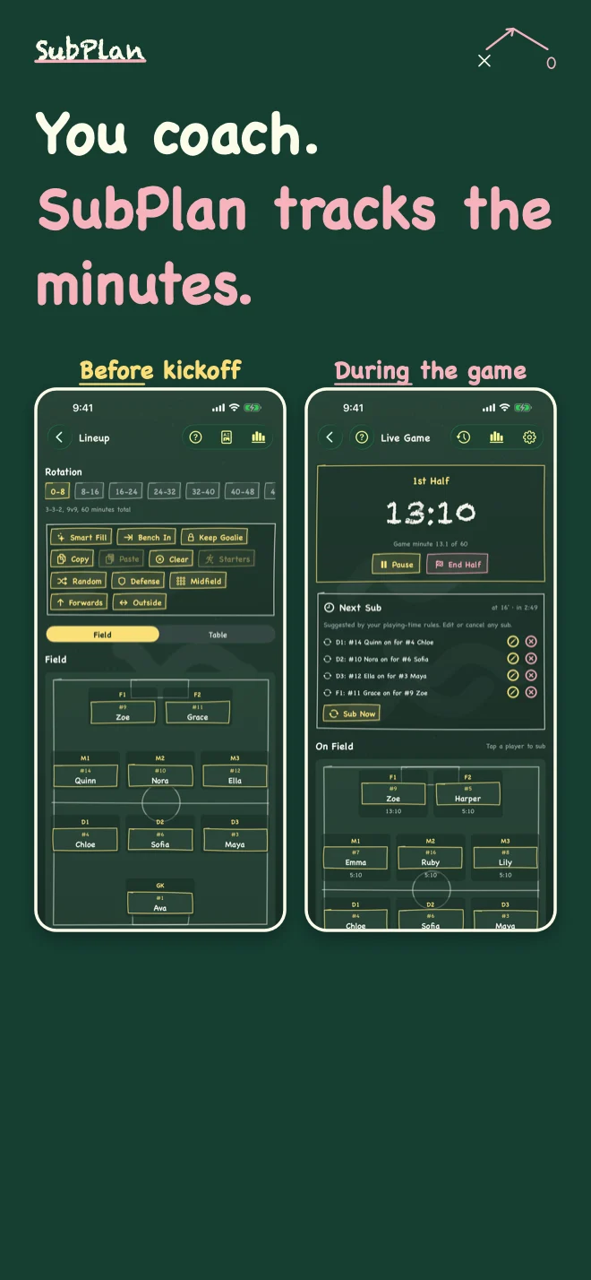 SubPlan iPhone the pregame lineup planner and the live game screen side by side
