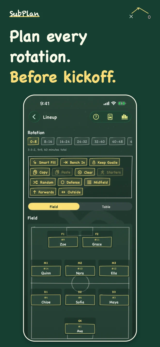 SubPlan iPhone lineup planner showing a rotation on the field