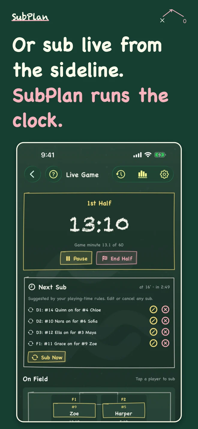 SubPlan iPhone live game screen with the game clock and the Next Sub card