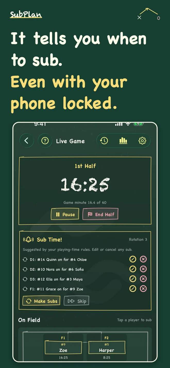 SubPlan iPhone Sub Time card suggesting substitutions during a live game