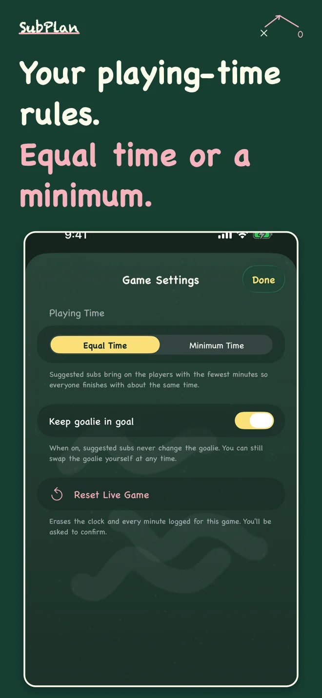 SubPlan iPhone playing-time rules with Equal Time and Minimum Time options