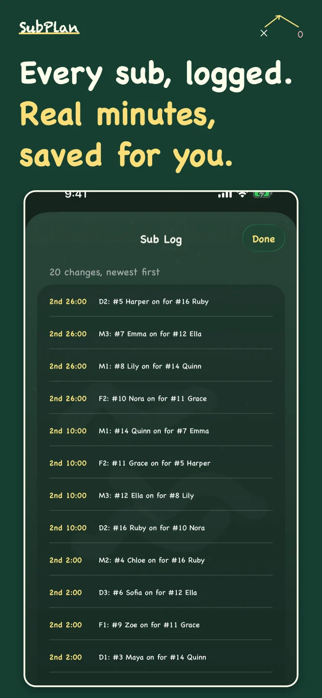 SubPlan iPhone Sub Log listing every substitution with its game time